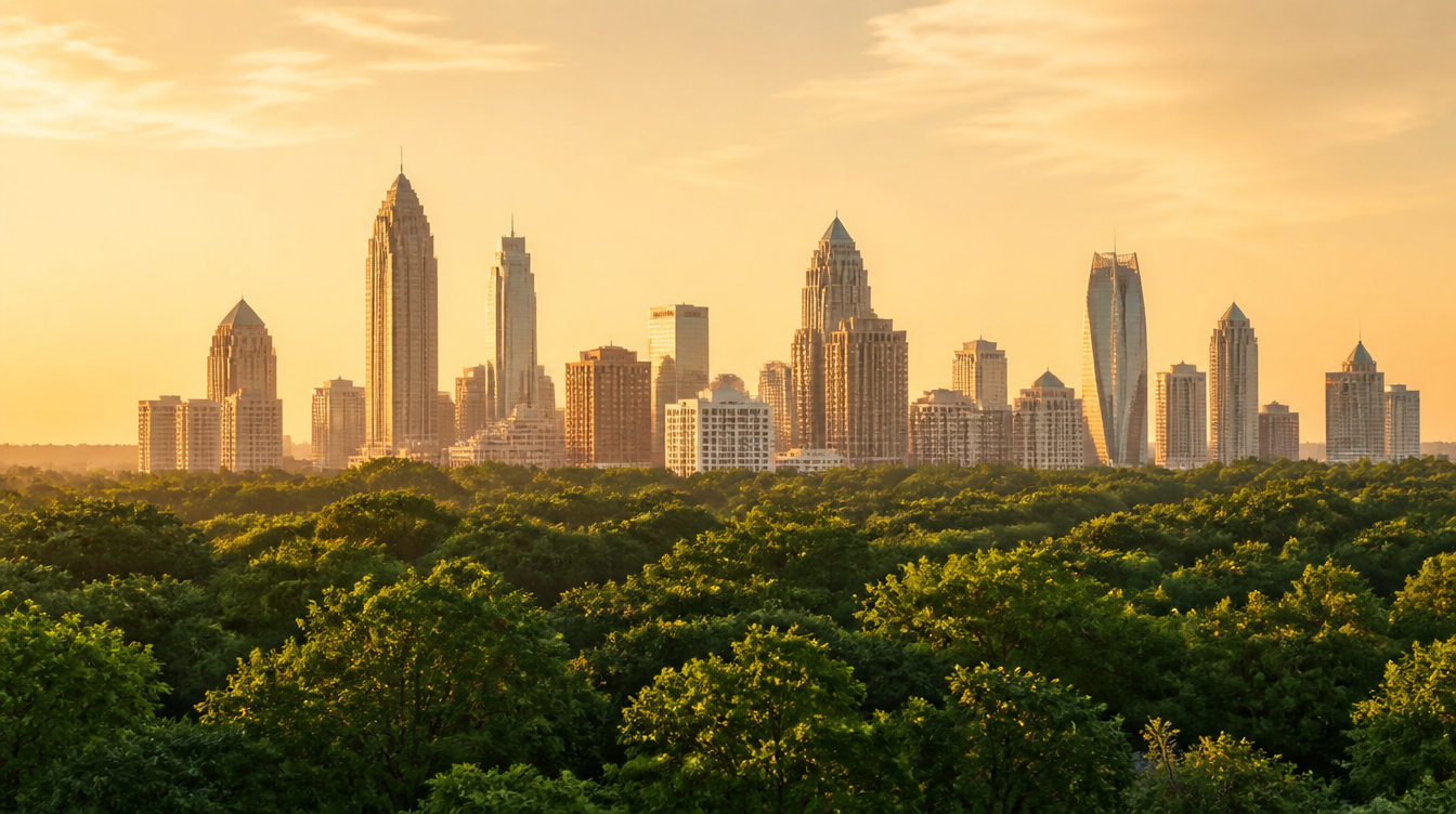 The Atlanta skyline over the tree canopy at golden hour
