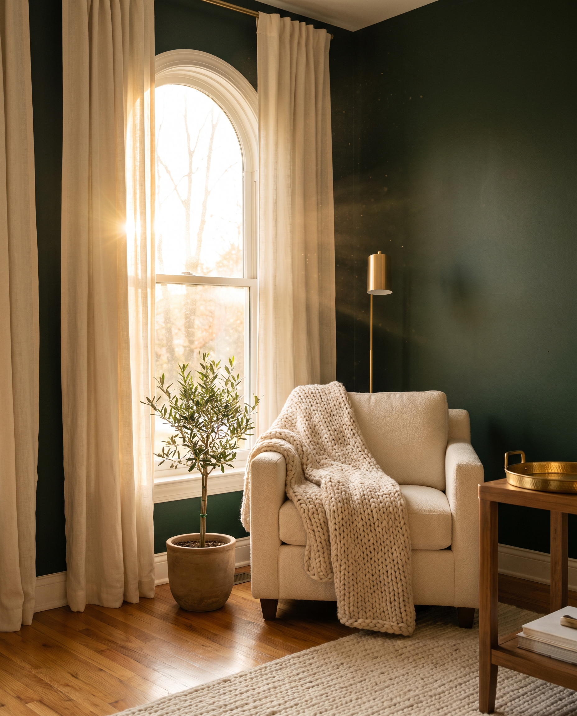 Golden morning light pouring through an arched window onto a cream armchair