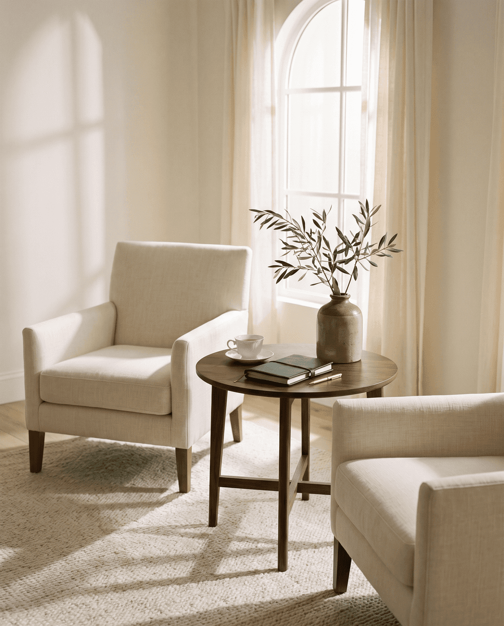Two cream linen armchairs beside a small table with a journal, teacup, and gold pen in soft morning light