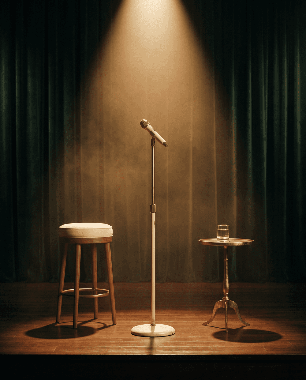 A brass microphone on an empty stage under a single warm spotlight with forest-green velvet curtains behind it