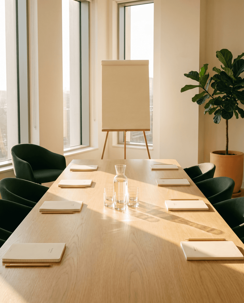A sunlit conference table set with cream notebooks and gold pencils, a forest-green chair pulled out, and a blank easel pad