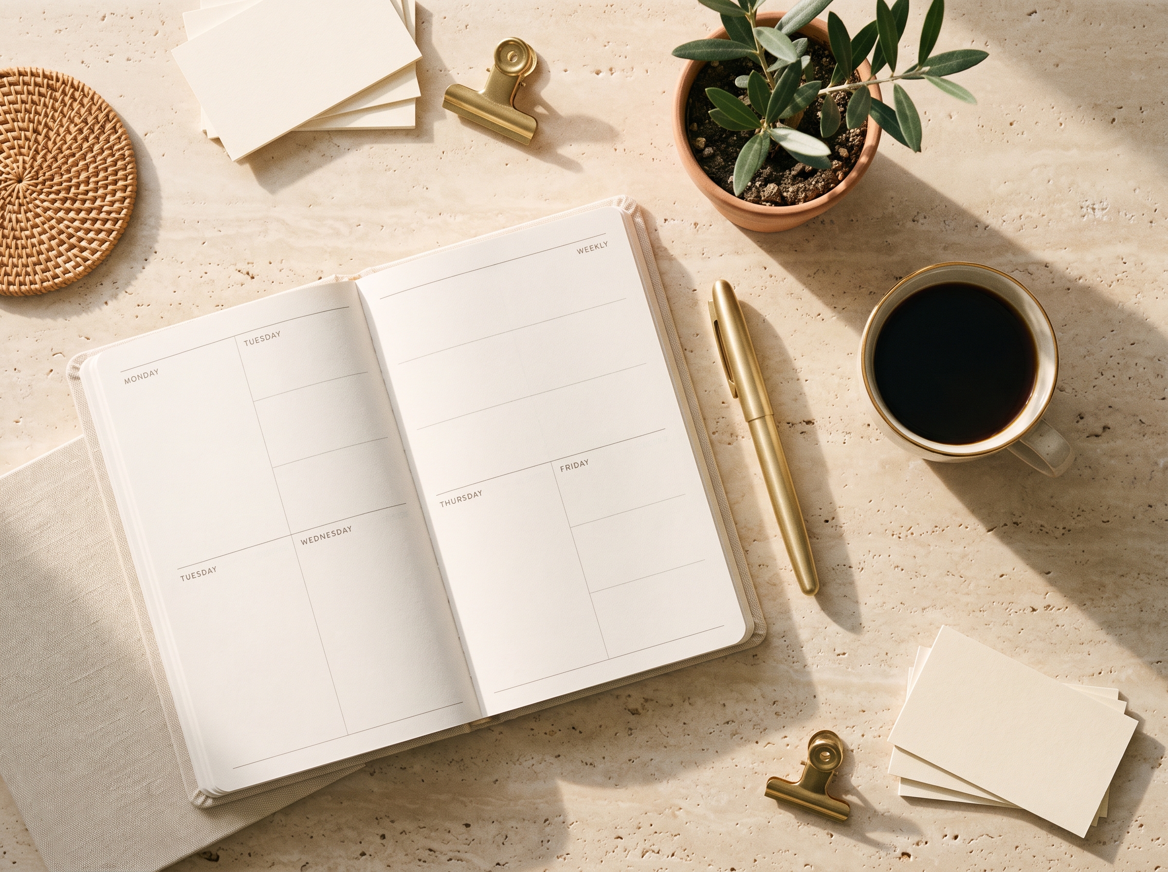 A minimalist planner and gold pen in morning light