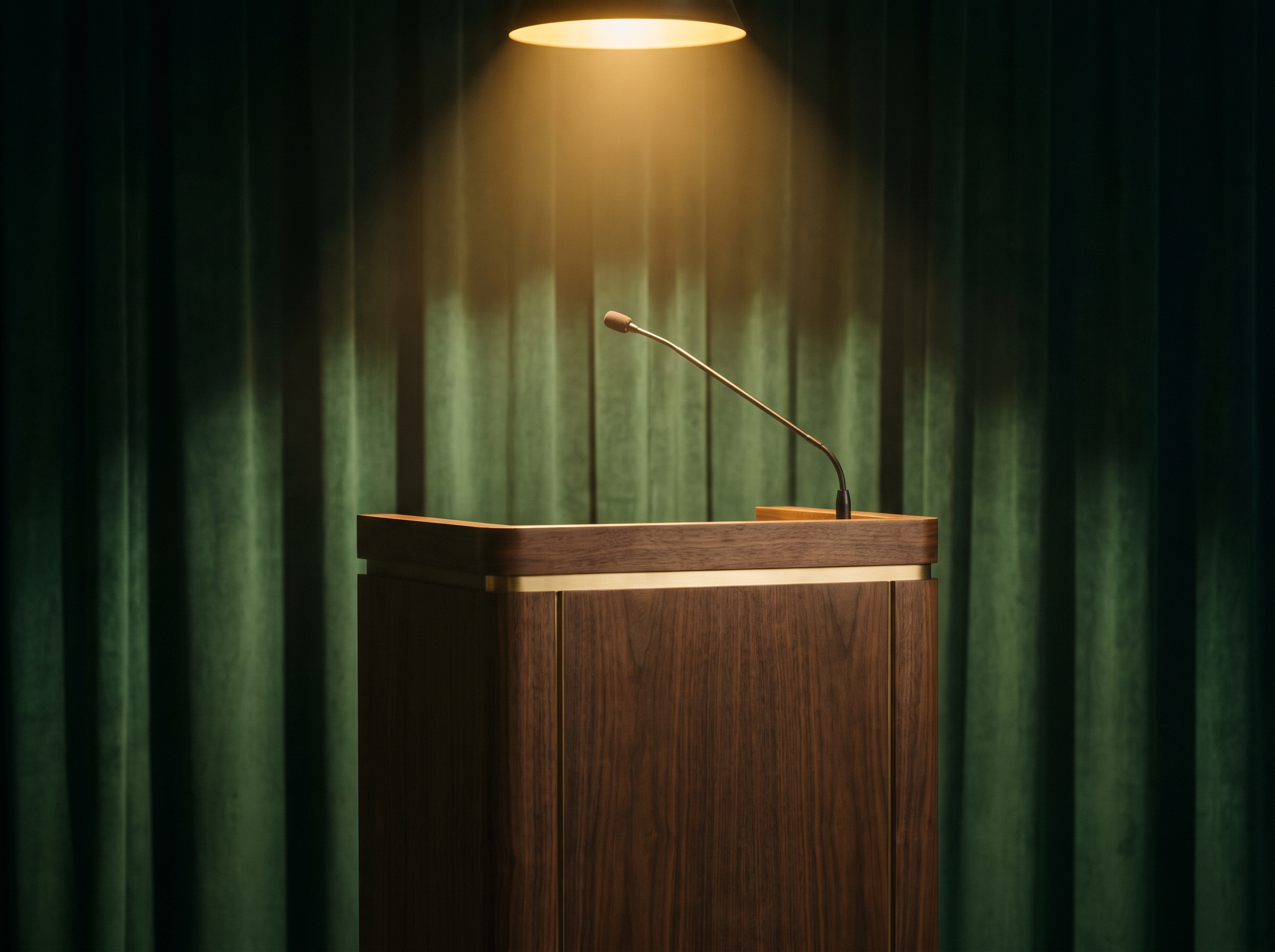 An elegant lectern under a warm golden spotlight