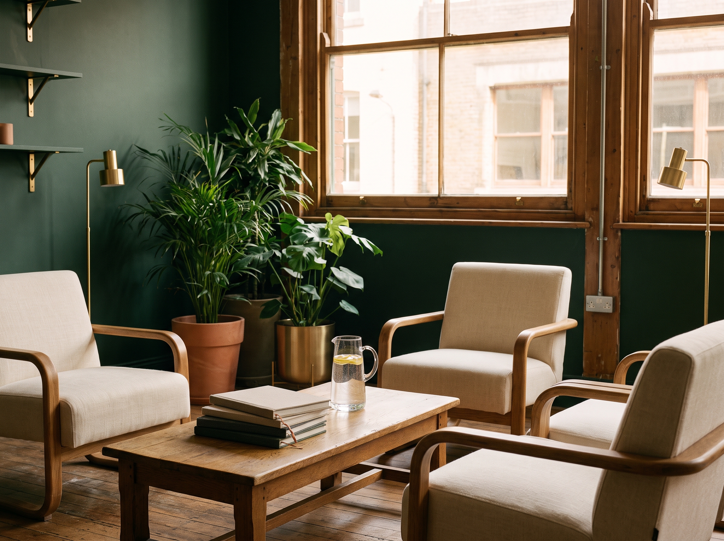 A circle of cream chairs in a warm workshop space