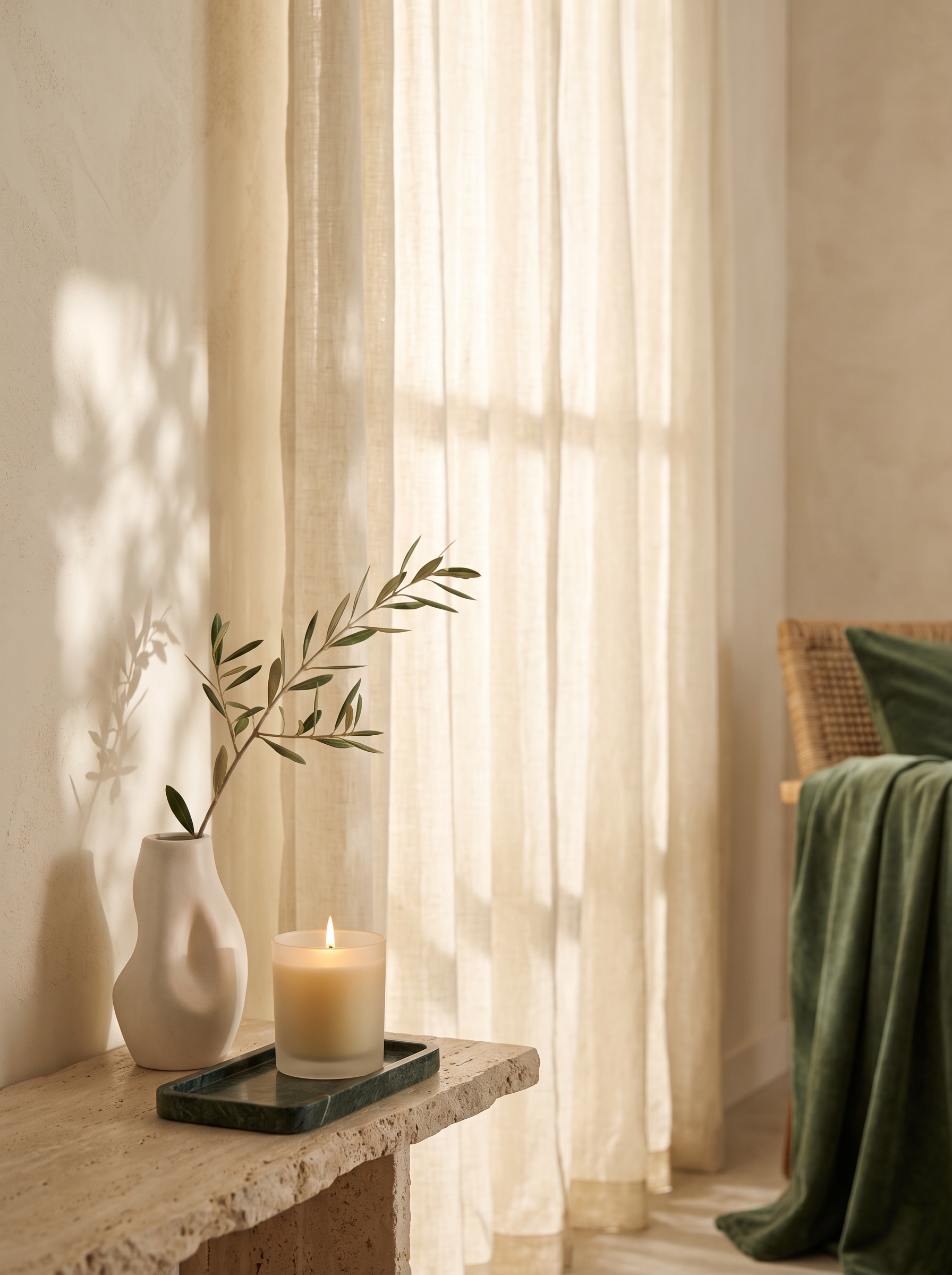 Sunlight through sheer curtains beside an olive branch and candle