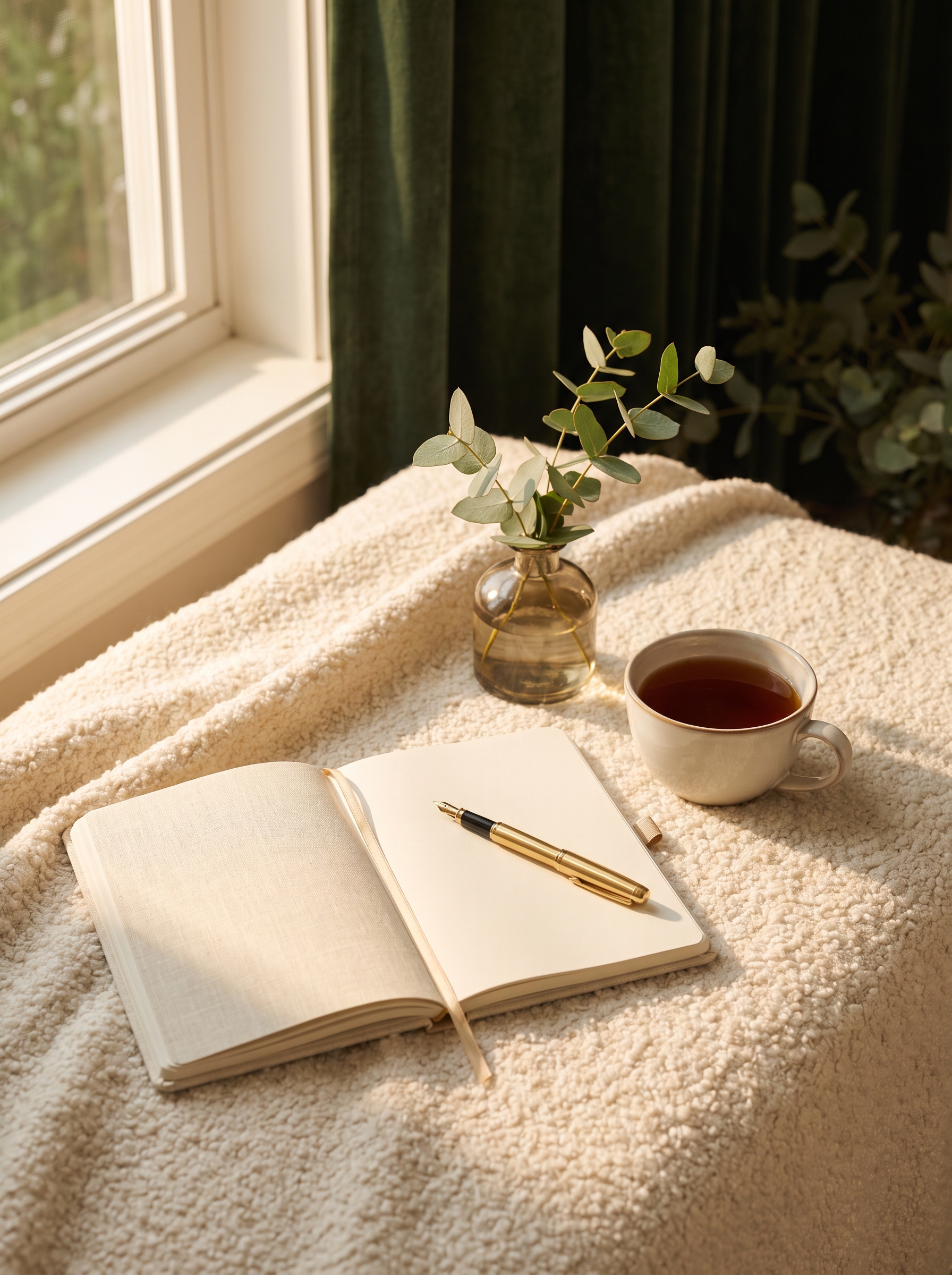 An open journal and tea in golden morning light