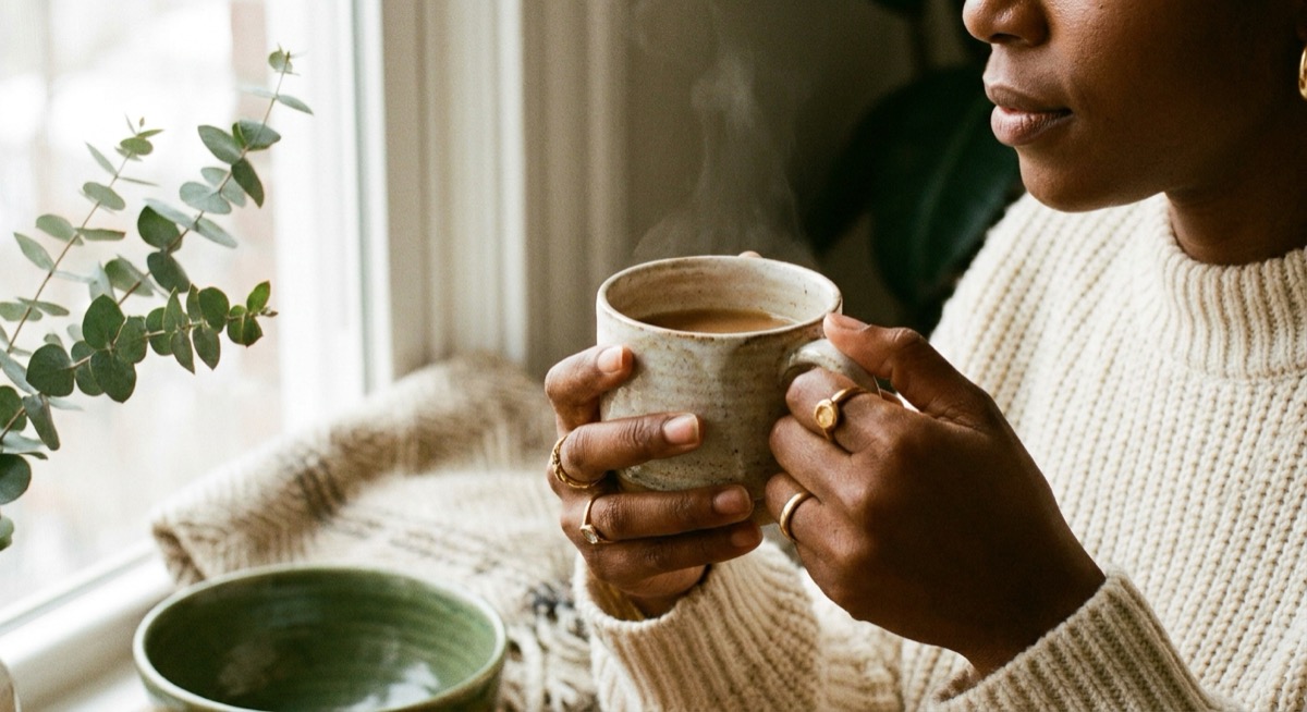 Hands cradling a warm cup of tea in soft window light